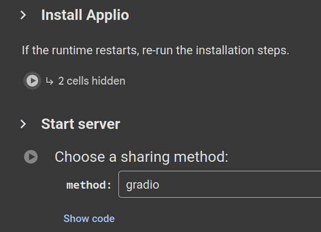 A screenshot showing the two main cells to run in the Applio Colab notebook.
