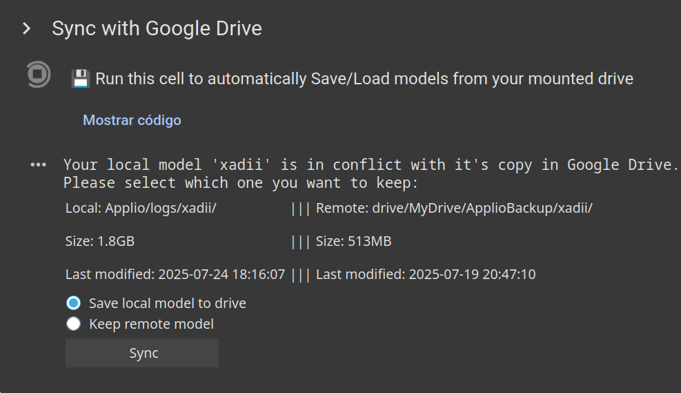 A screenshot of the "Sync with Google Drive" cell in the Applio Colab notebook.