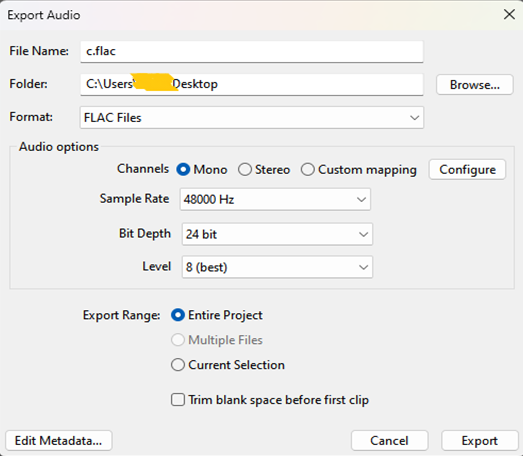A screenshot of the FLAC export settings in Audacity.
