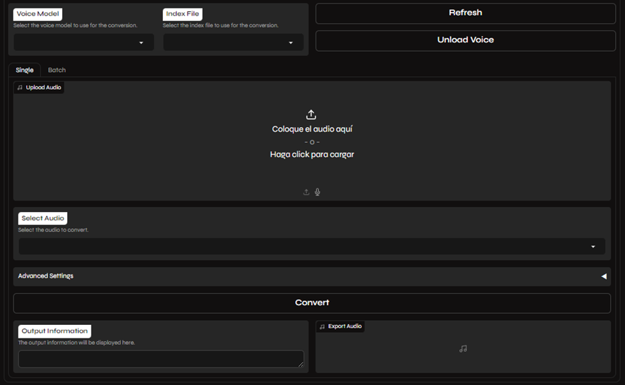 The main inference interface in Applio, showing the model selection, audio input, and conversion button.