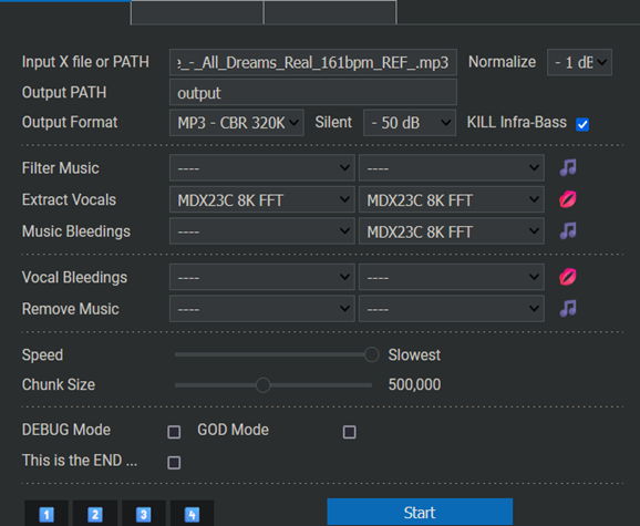 A screenshot of the recommended KaraFan settings for separating other audio sources.