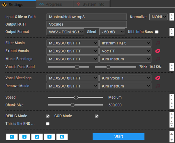 A screenshot of the recommended KaraFan settings for separating vocals.