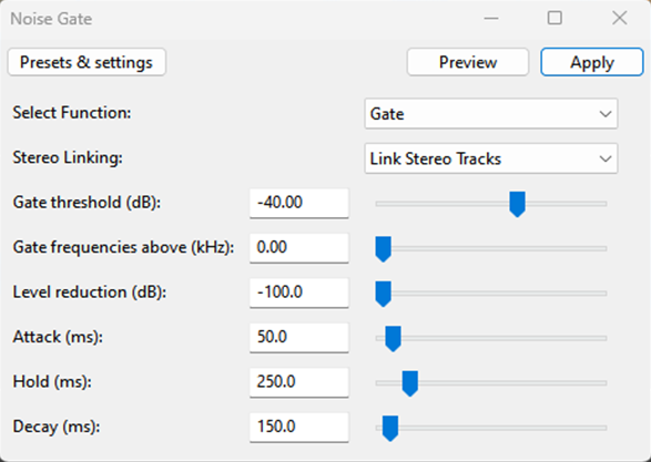 A screenshot of the Noise Gate settings in Audacity. The recommended settings are shown.