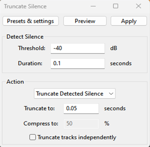 A screenshot of the Truncate Silence settings in Audacity. The recommended settings are shown.