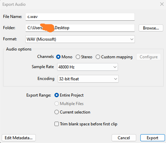 A screenshot of the WAV export settings in Audacity.